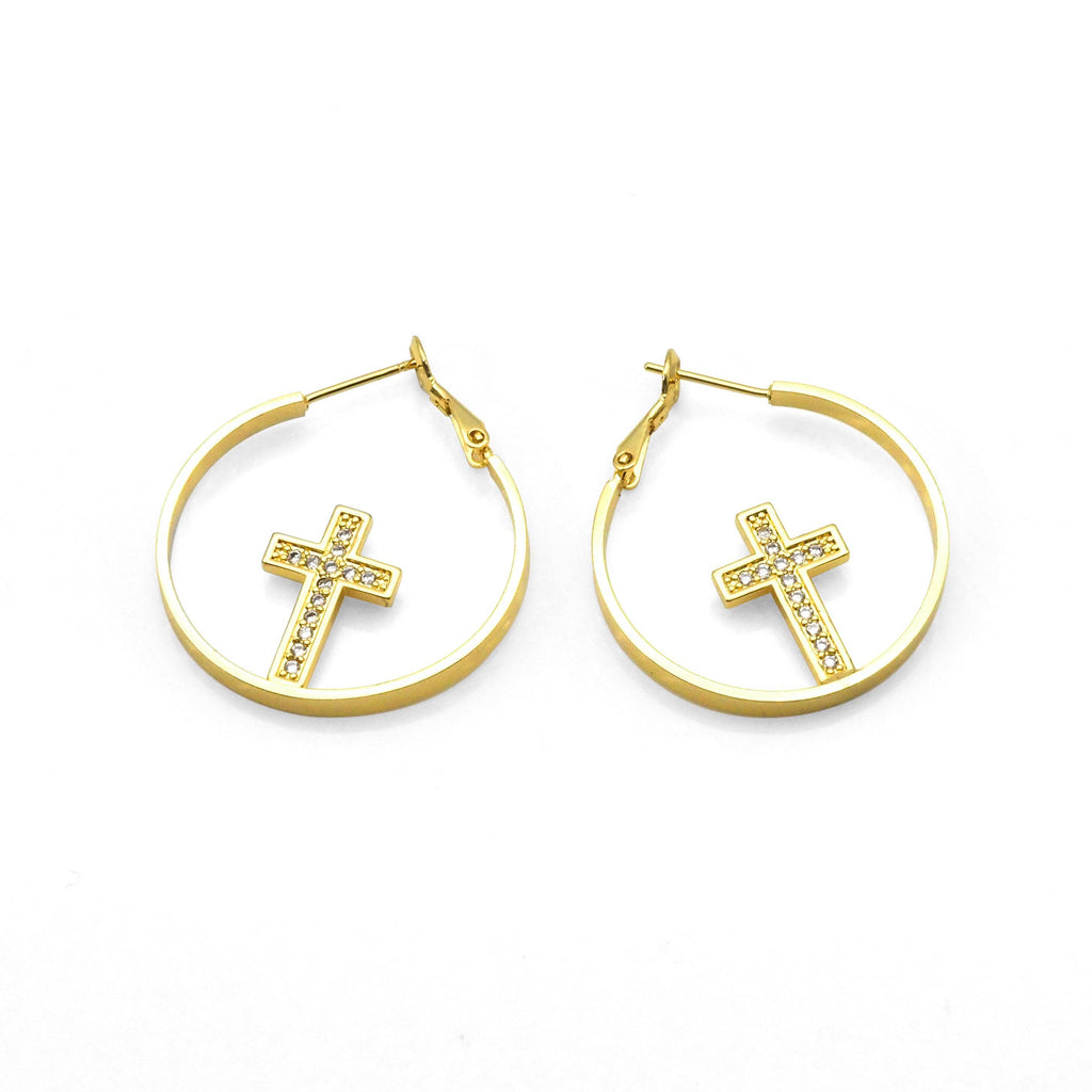Gold CZ Cross On Round Ring Hoop Earrings, Sku#LK821