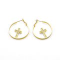 Gold CZ Cross On Round Ring Hoop Earrings, Sku#LK821