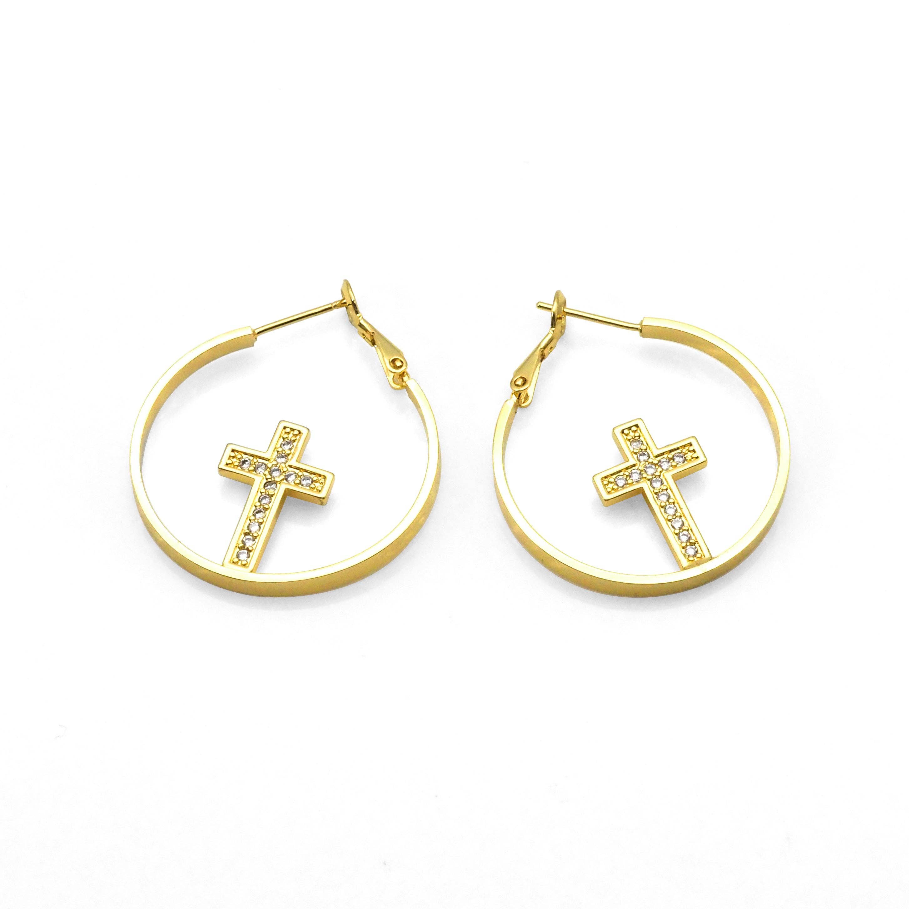 Gold CZ Cross On Round Ring Hoop Earrings, Sku#LK821