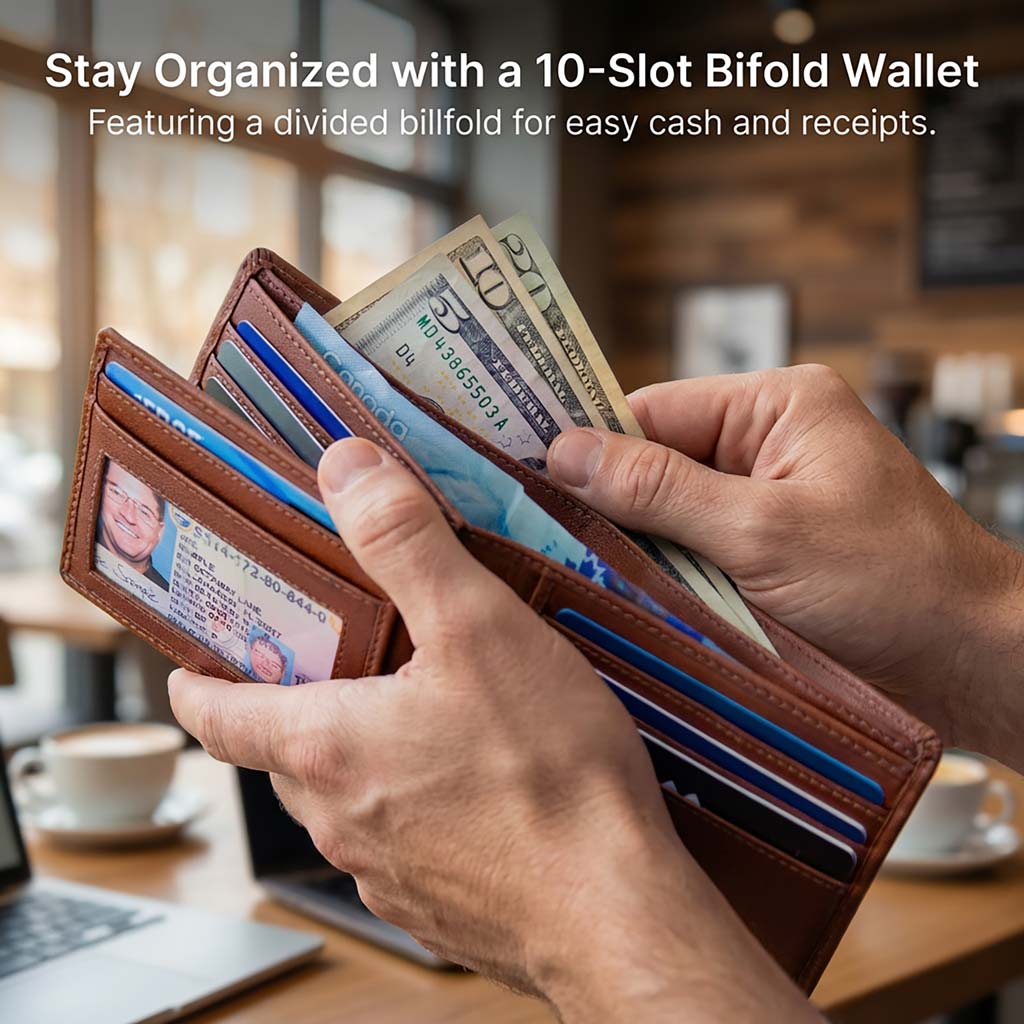 Mens RFID 10 Slot Bifold Wallet with ID Window