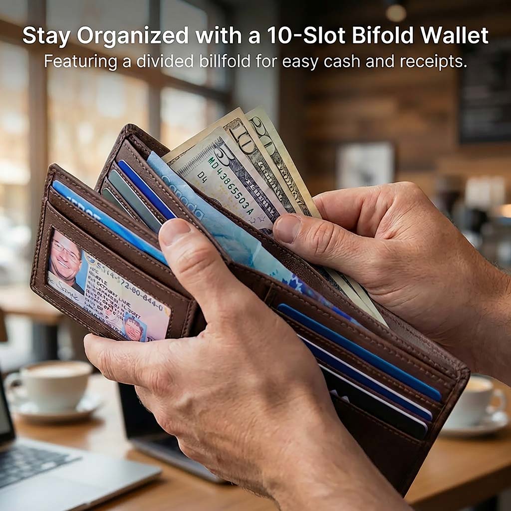Mens RFID 10 Slot Bifold Wallet with ID Window