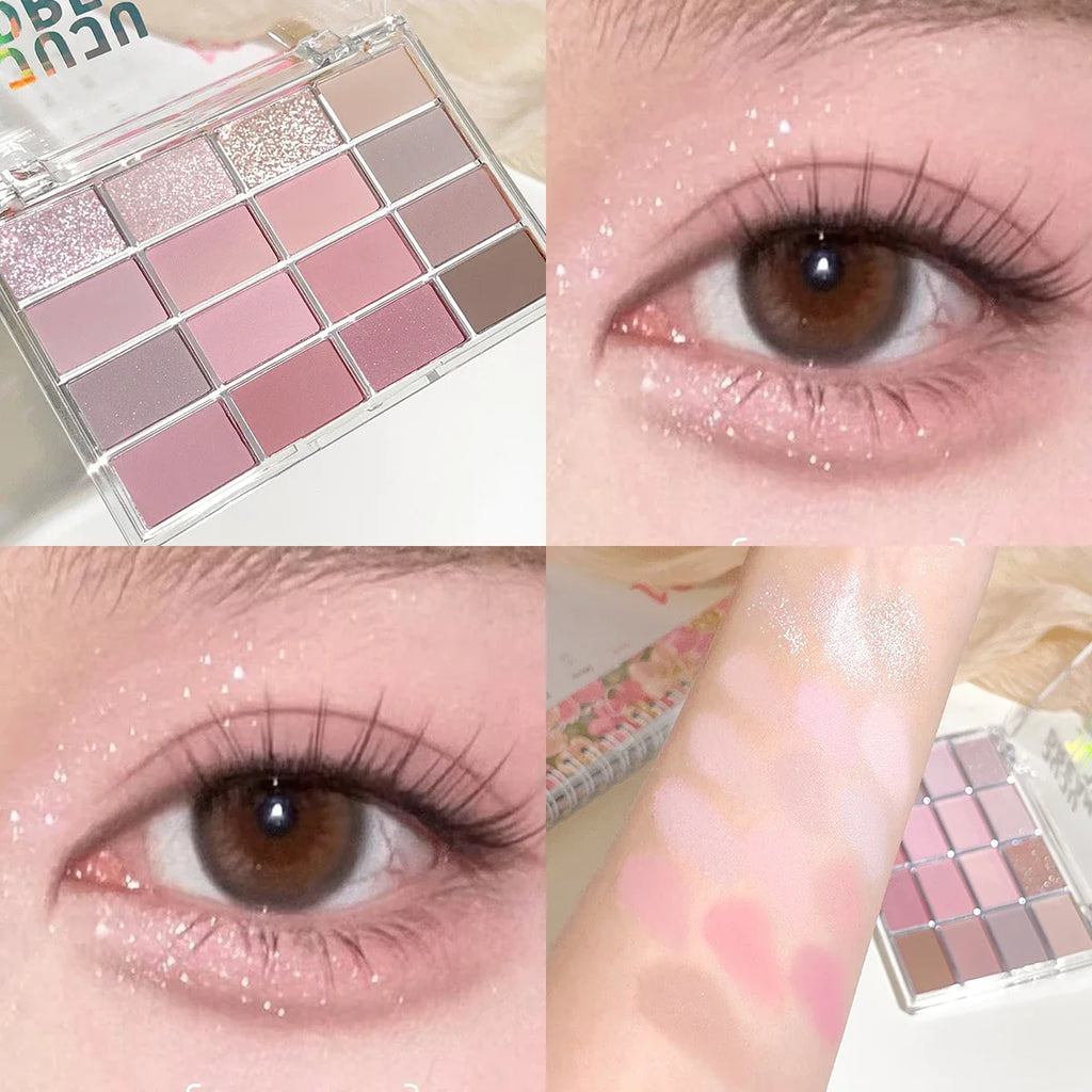 JUJU DREAM 16-Color Earth Tone Eyeshadow Matte & Shimmer Palette, Lying Silkworm Brightener for Soft Daily Makeup