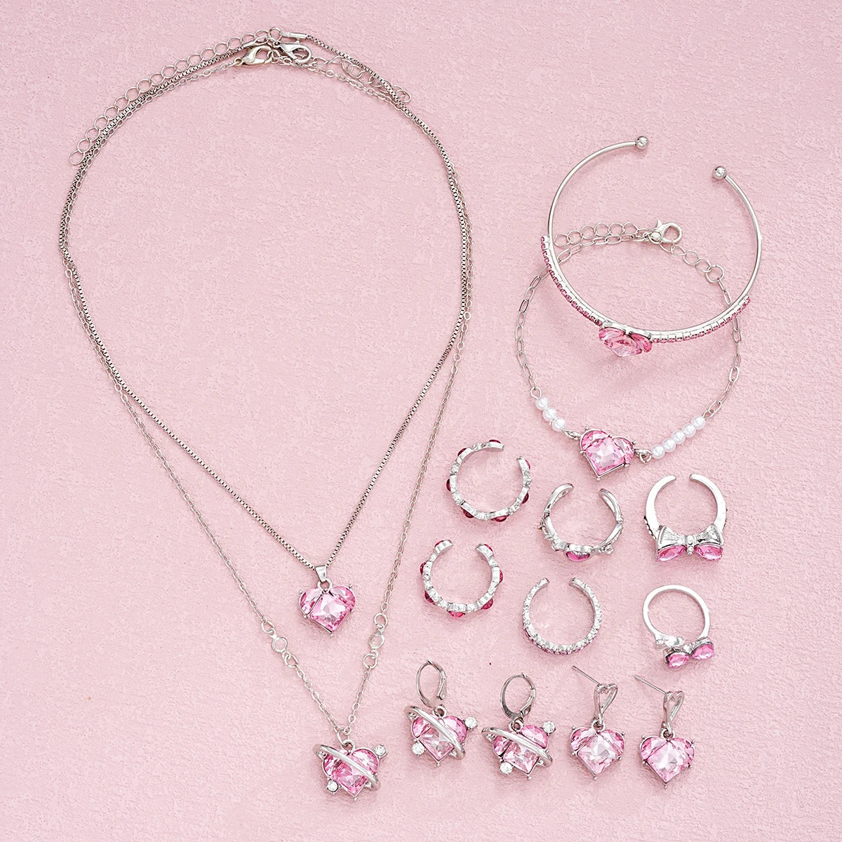 14 PCS Pink Craystal Heart Pendants Necklace Earrings Ring Bracelet Sets For Women Girl Fashion Jewelry Set Wedding Jewelry Gift