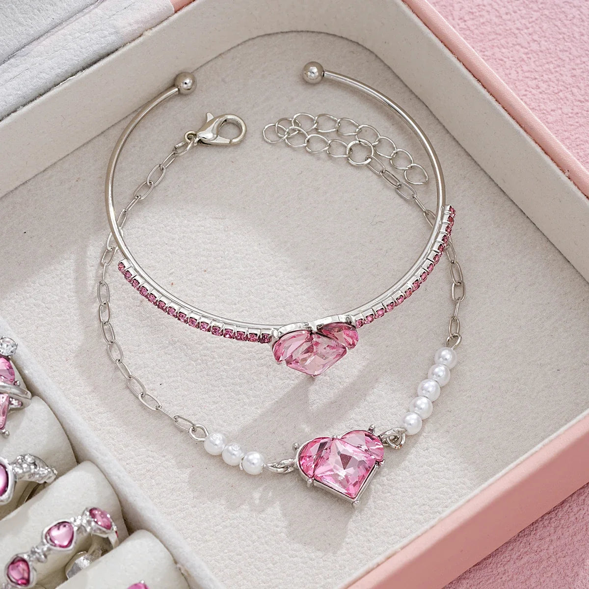 14 PCS Pink Craystal Heart Pendants Necklace Earrings Ring Bracelet Sets For Women Girl Fashion Jewelry Set Wedding Jewelry Gift