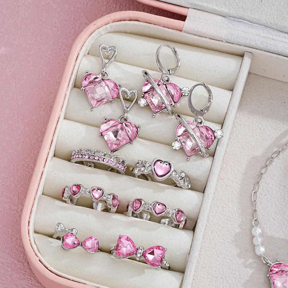 14 PCS Pink Craystal Heart Pendants Necklace Earrings Ring Bracelet Sets For Women Girl Fashion Jewelry Set Wedding Jewelry Gift