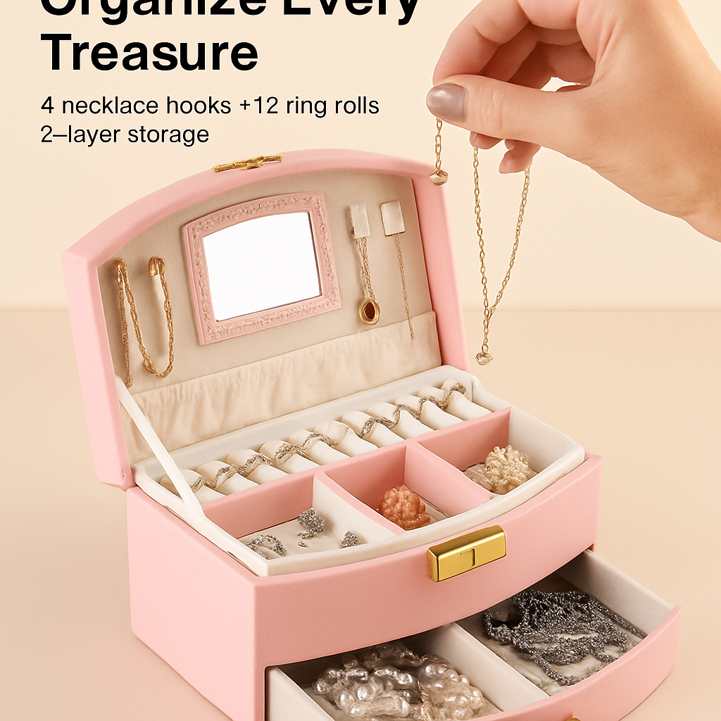 2-Layer Jewelry Box for Rings, Earrings, Necklaces