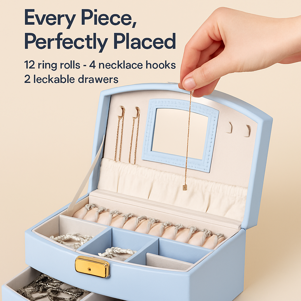 2-Layer Jewelry Box for Rings, Earrings, Necklaces