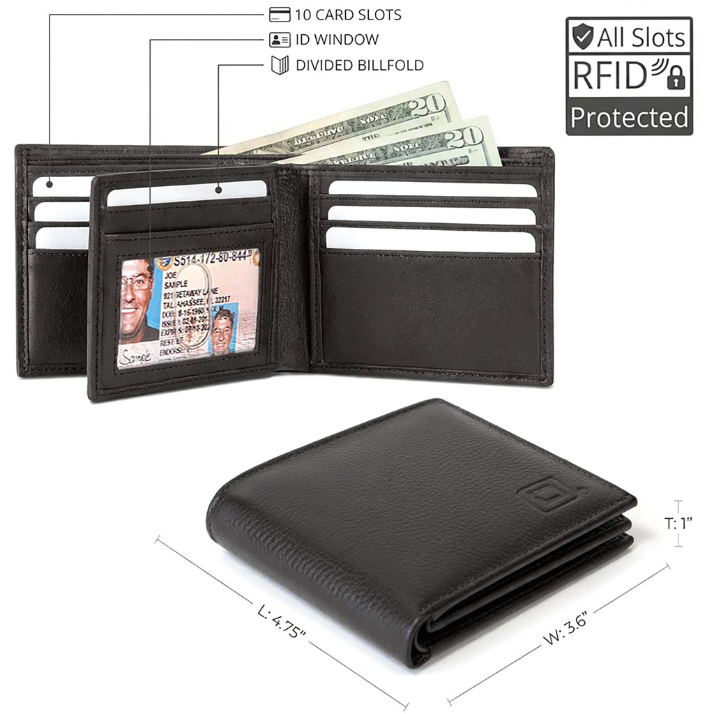 Mens RFID 10 Slot Bifold Wallet with ID Window